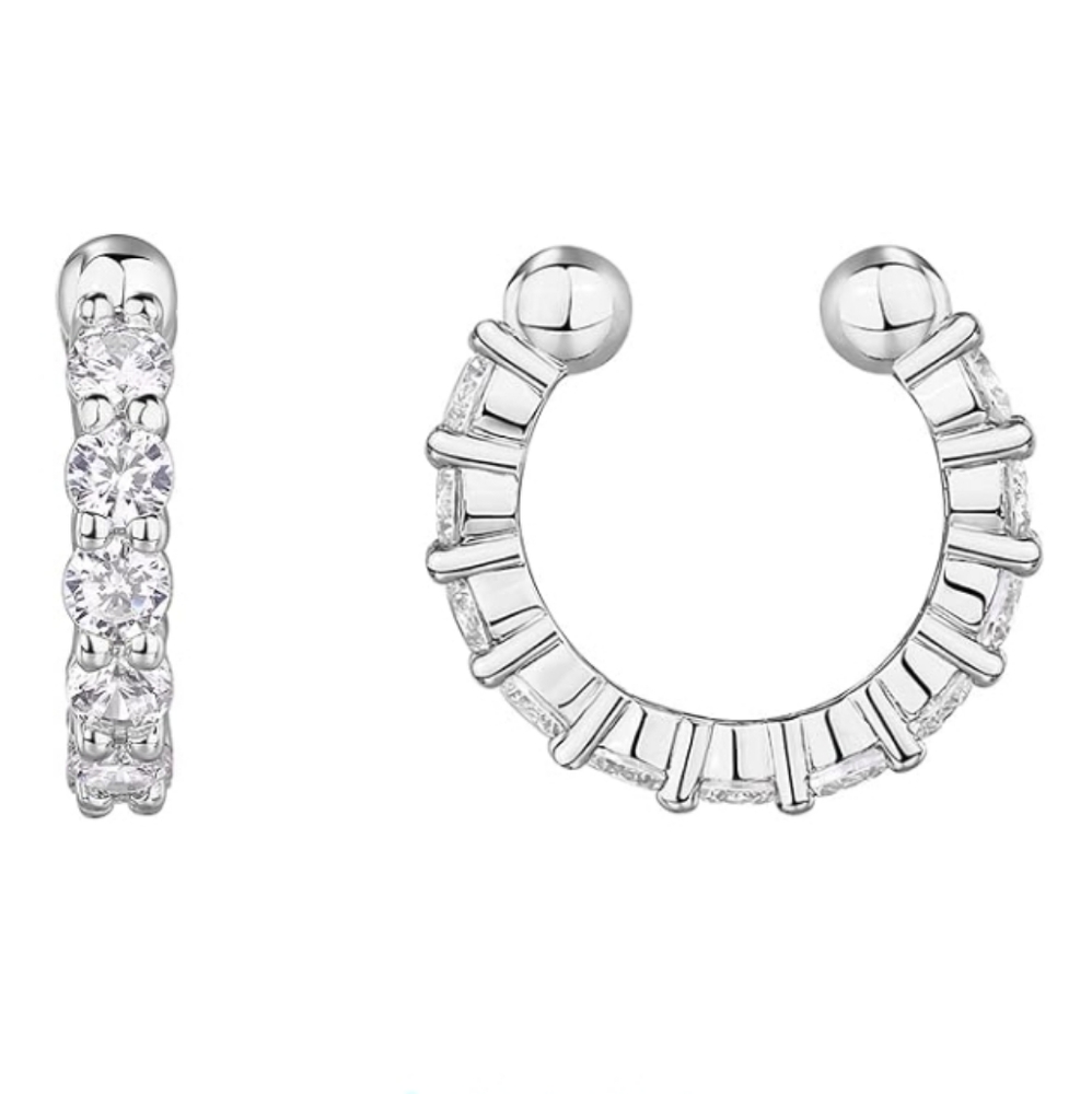 14K Gold Plated CZ Sparkling Round Huggie Ear Cuff Clip On Earrings White Gold.